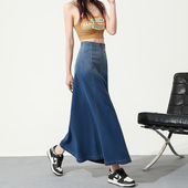 长款 牛仔半身裙女高腰2026春夏弹力针织软牛仔大摆裙长裙a字伞裙