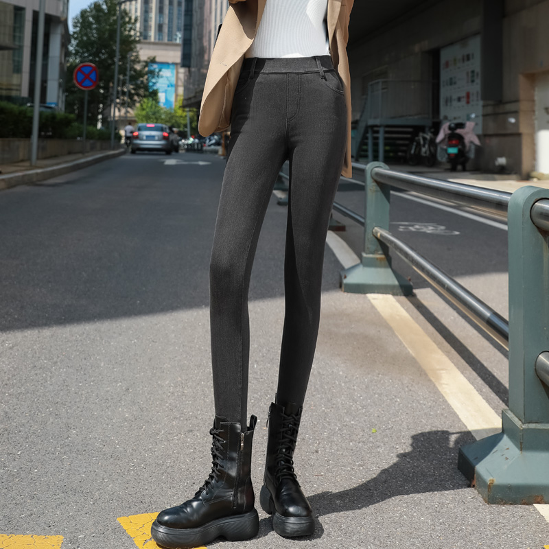 高弹薄绒松紧腰牛仔裤女紧身小脚