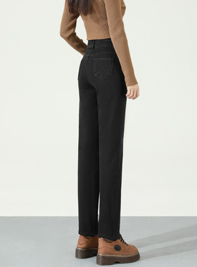 四面弹小直筒牛仔裤女高腰长裤秋冬薄绒加绒黑色松紧腰窄版烟管裤