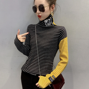 RS49048#加绒条纹毛衣打底衫女长袖高领秋冬新款上衣宽松时尚针织衫