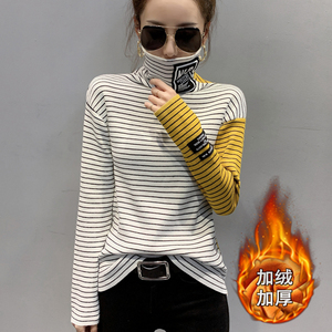 RS49048#加绒条纹毛衣打底衫女长袖高领秋冬新款上衣宽松时尚针织衫