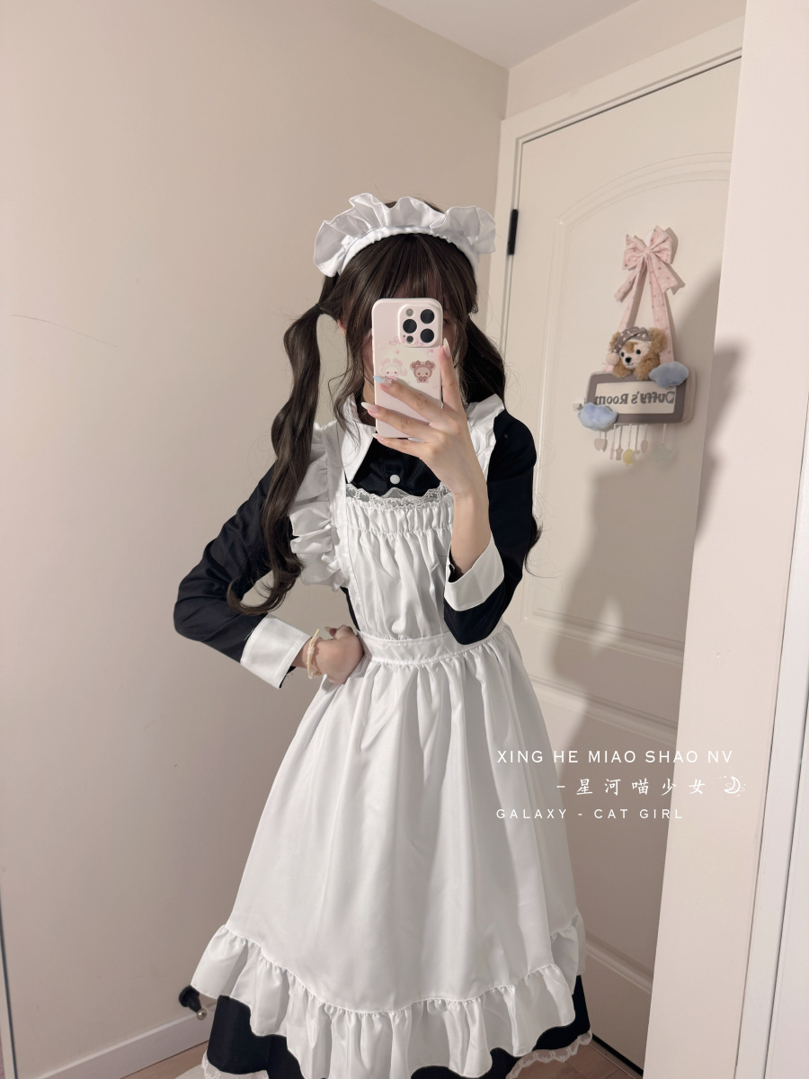 星河喵少 女伯爵夫人日系黑白蕾丝长袖长款贵族lolita女仆装cos服