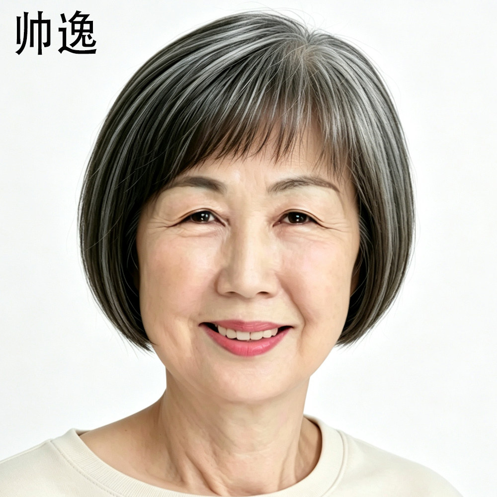 奶奶灰白色斜留海短发bobo头中长发老太太老人婆婆70岁真发旗舰店