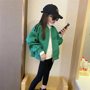 女童加棉绿色外套春秋2025新款 棉衣女中大童棒球服 洋气儿童夹克衫