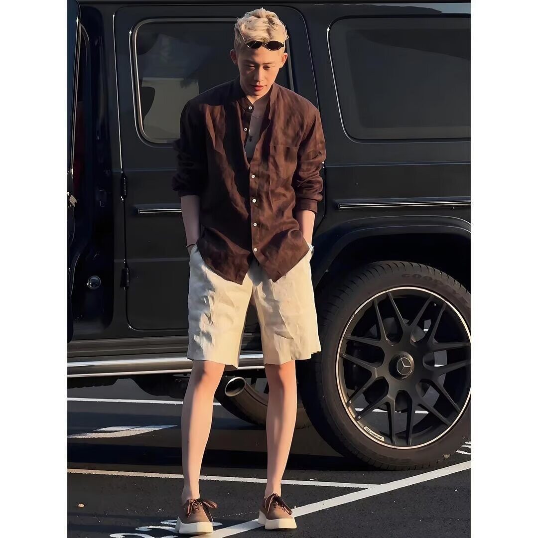 老钱风咖色亚麻衬衫男款夏季薄款图片