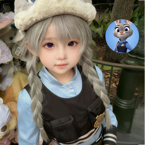 儿童假发cos朱迪奶奶灰长直发疯狂动物城2麻花辫可爱表演风全头套