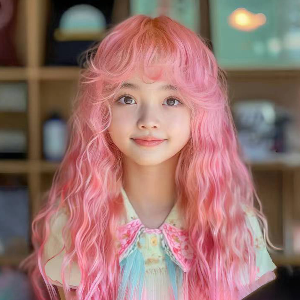 六一儿童假发cos小魔仙粉色羊毛卷长卷发女节日表演空气刘海全头