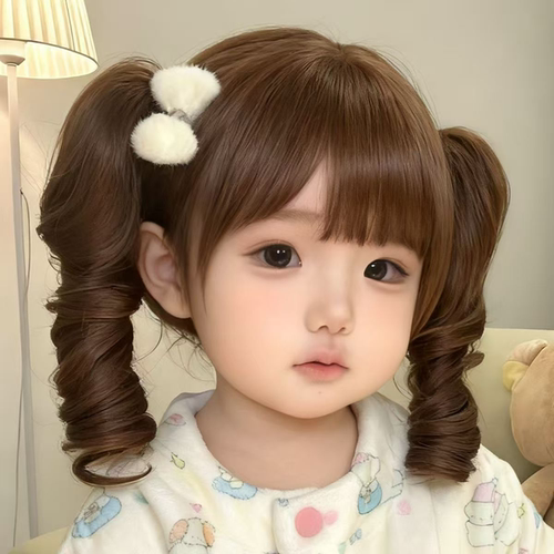 女童浅棕双马尾波波头抓夹假发