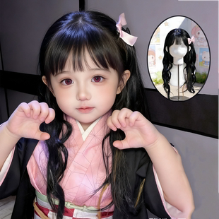 儿童假发祢豆子长卷发鬼灭之刃可爱空气刘海女童cos动漫节日全头