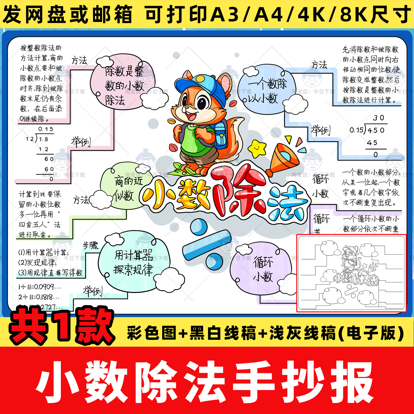 小学生五年级上册三单元小数除法思维导图手抄报模板数学小报线稿