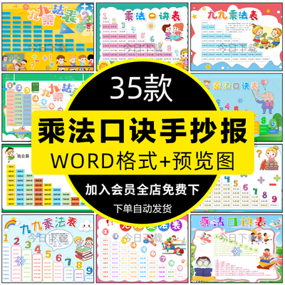小学生乘法手抄报模板99九九乘法口诀表小报8k黑白线稿电子版A3A4