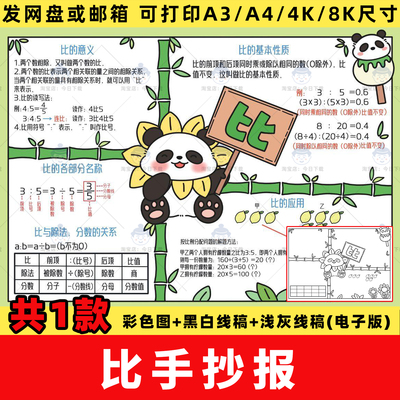人教版六年级数学上册第四单元比思维导图手抄报线稿电子版模板a4