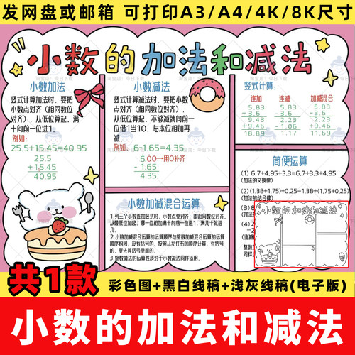 小数的加法和减法思维导图手抄报模板电子版小学生数学四年级下册