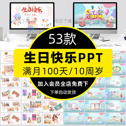 生日快乐PPT模板可爱卡通儿童小孩百日宴周岁十岁天成长电子相册