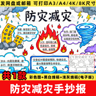 全国防灾减灾手抄报模板电子版中小学生安全教育知识小报线稿a3a4