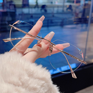 珐琅彩金丝边纯钛无框眼镜复古近视女大框可配度数防蓝光素颜镜潮