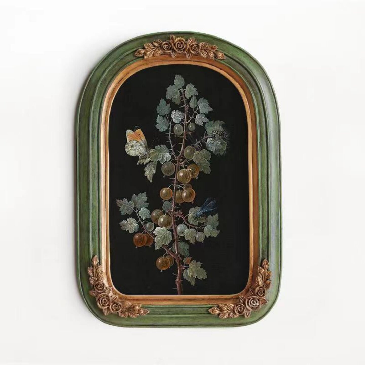 中古小众古典复古怀旧装饰画法式植物花卉拱形美式挂画欧式相框