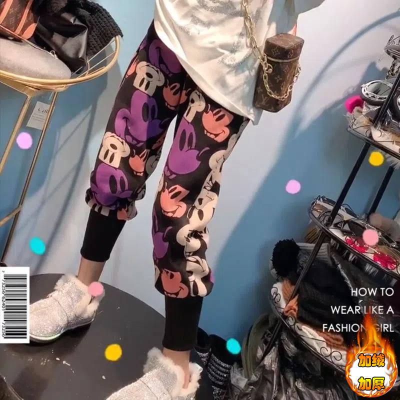 胖mm300斤加绒加厚印花长裤女