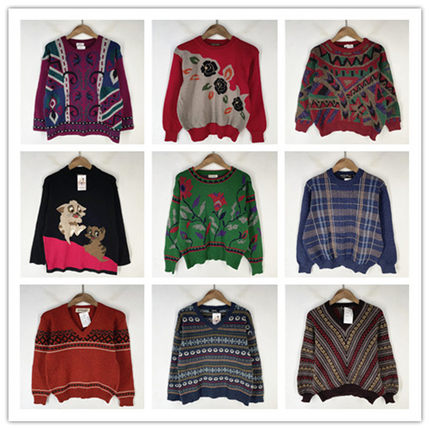 复古着vintage日韩精选学院风甜美系卡通撞色印花套头纯毛衣D5201
