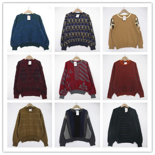 复古着vintage日韩原单学院风甜美系几何菱格印花套头纯毛衣D2261