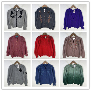 复古着vintage日韩精品民族风森女系绣花钉珠装饰开衫兔毛衣X4005