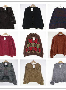 复古着vintage外贸精选学院风甜美系几何条纹印花套头纯毛衣K2361