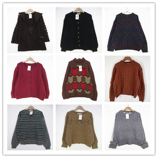 复古着vintage外贸精选学院风甜美系几何条纹印花套头纯毛衣K2361