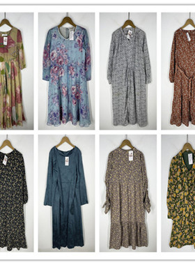 复古着vintage日韩精品民族风森女系波点印碎花卉长袖连衣裙R2263