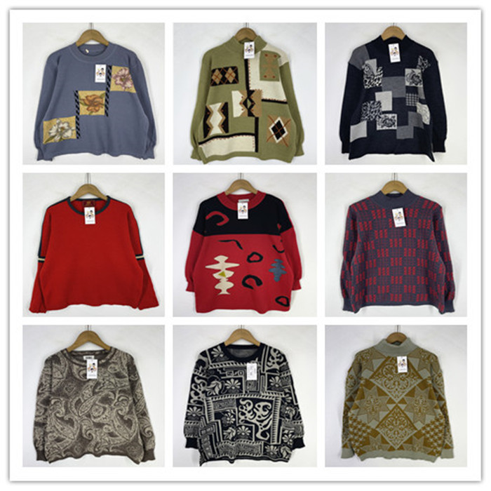 复古着vintage外贸精选民族风森女系拼接印花秋冬套头纯毛衣D5803
