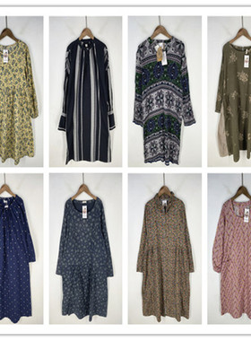 复古着vintage日韩精品民族风森女系印碎花卉长袖棉布连衣裙L2901