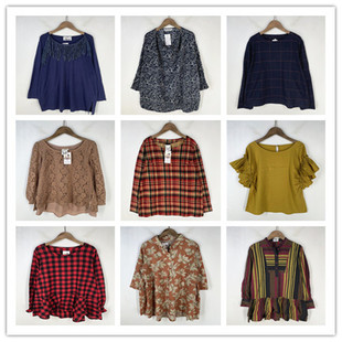 复古着vintage外贸精品学院风森女系格子印碎花卉棉麻布衬衫 Z1463