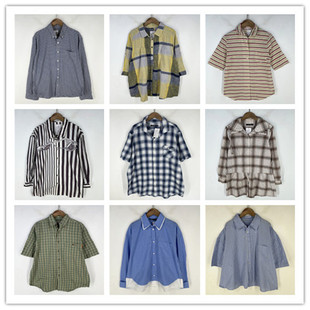 复古着vintage外贸尖货英伦风甜美系格子条纹纯色棉麻布衬衫 V0966