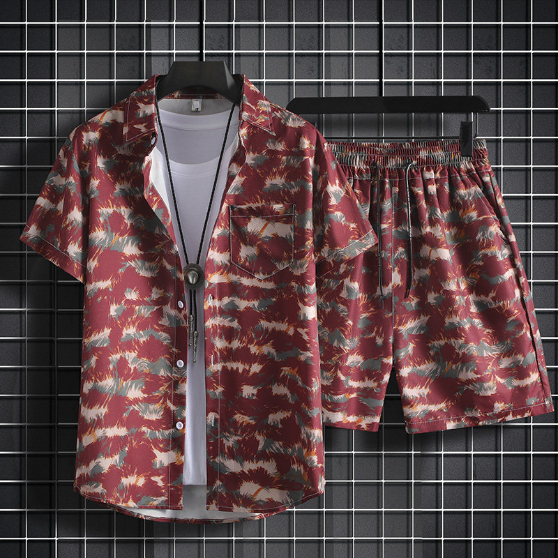 港风复古短袖花衬衫男女夏季宽松夏威夷风海边度假沙滩衬衣一套装