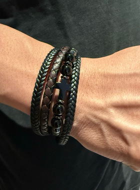 海量细节手编十字架皮绳手环