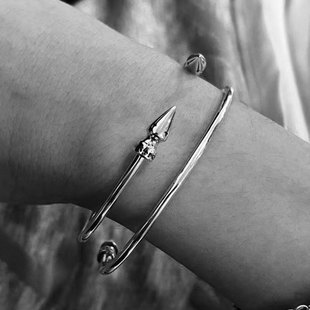 欧美摇滚潮流 手工十字架铭刻 925银 双子弹头开口手镯 男女同款