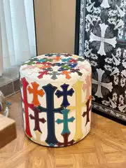 Handcrafted with Intricate Details, Contrasting Color Pebbled Leather, Cross-Shaped Collage, Round Coffee Table, Sofa Stool, Shoe Fitting Stool