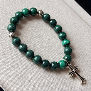 经典品味 925银十字架 浮雕银珠 黑曜石青金石孔雀石男女手串手链