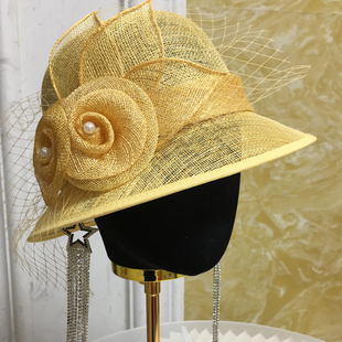 可爱花朵亚麻帽菲律宾麻纱帽子春夏优雅小礼帽圆顶防晒遮阳太阳帽
