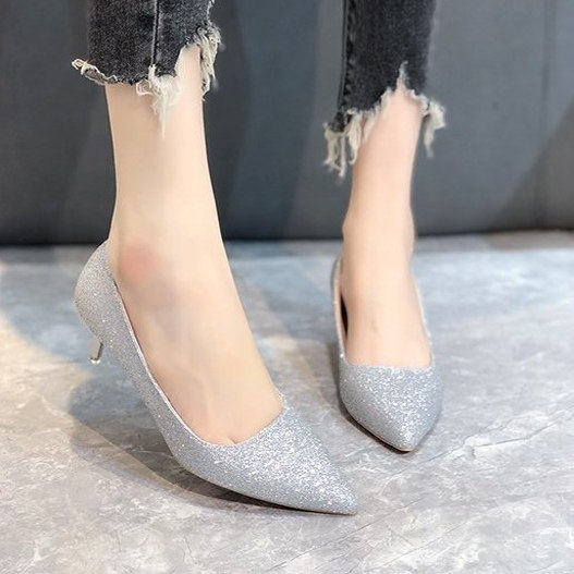 亮片高跟鞋女粗跟婚礼银色新娘单鞋低跟3cm大码尖头水晶伴娘礼服5