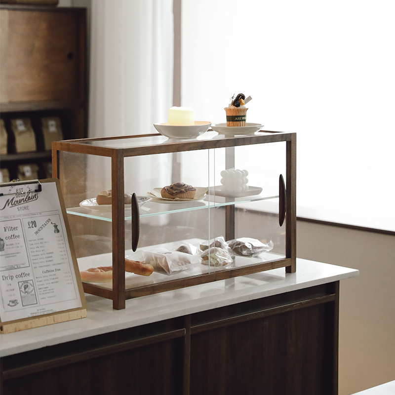 新客减复古黑胡桃木实木玻璃面包展示柜咖啡店甜品茶具陈列架收纳