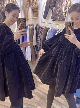 秋冬季抽褶金丝绒连衣裙胖MM特大码300斤宽松遮肚显瘦孕妇连衣裙