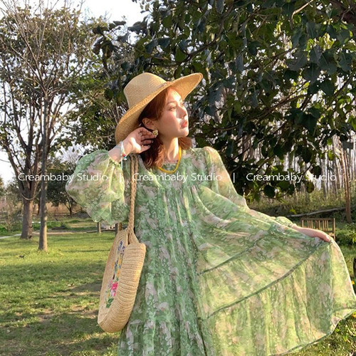 特大码胖MM法式气质连衣裙2025新款春夏海边度假小清新绿色碎花裙
