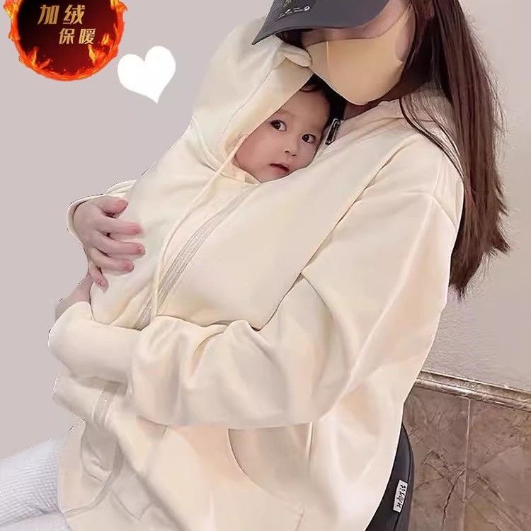 大码300斤袋鼠妈妈带宝宝加绒连帽卫衣外出冬爸爸亲子母子连体衣