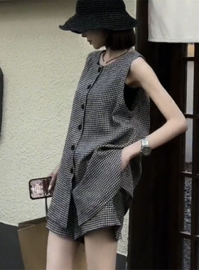 特大码胖MM欧货网红简约百搭高级感套装女格子马甲短裤两件套夏