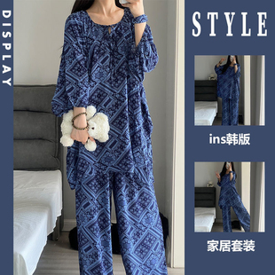 超大码胖MM波西米亚风睡衣女春秋季宽松高级长袖长裤家居服套装