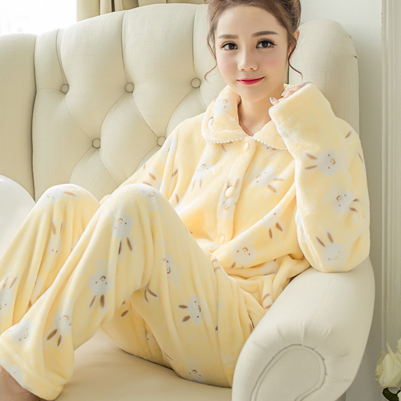3秋冬季加厚款珊瑚绒睡衣女套装家居服加绒可爱法兰绒长袖开衫大码