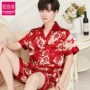 Đồ ngủ nam mùa hè mỏng phần tay ngắn lụa Hàn Quốc thanh niên XL băng lụa hai mảnh lỏng lẻo phục vụ mùa hè - Nam giới đồ pijama nam trung niên