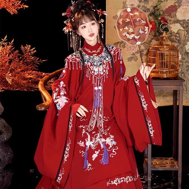原创汉服女【凤羽】明制长衫重工刺绣云肩齐腰襦裙花嫁婚服订婚服