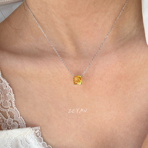 ZEYAN 吸财黄色小方糖皓石项链通体S925银清冷百搭叠戴温柔项链