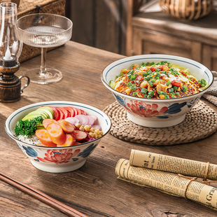 中式家用古典风面碗陶瓷高颜值斗笠大碗简约大号面条汤碗汤面商用